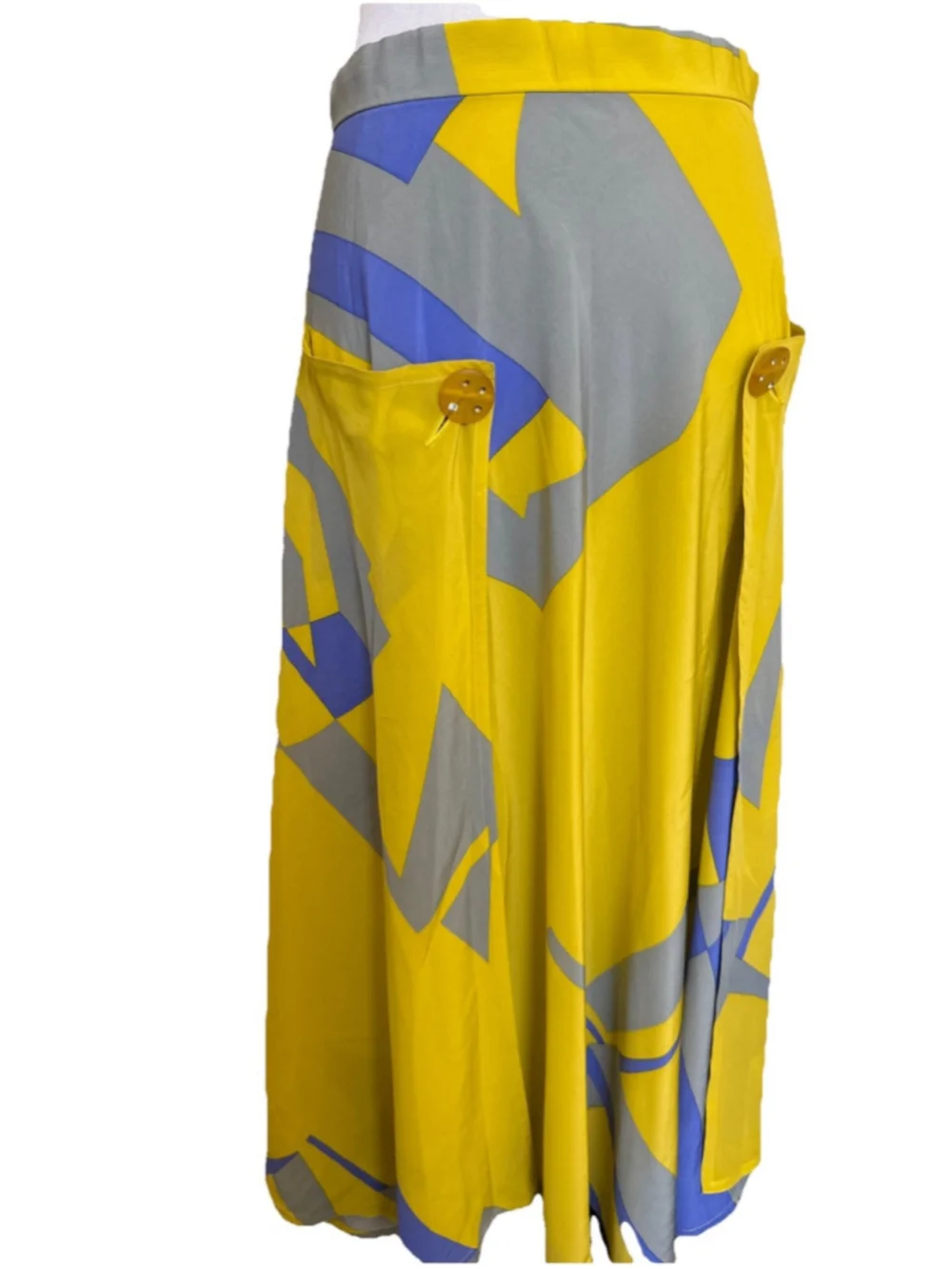 Jiarjia A-Line Midi Skirt Flowing Abstract Yellow Gray Design Button 12 NWOT